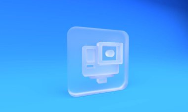 Buzlu cam Eylem ekstrem kamera simgesi mavi arkaplanda izole edildi. Ekstrem sporları çekmek için video kamera ekipmanı. Kare buzlu cam düğme. 3 Boyutlu resimleme.