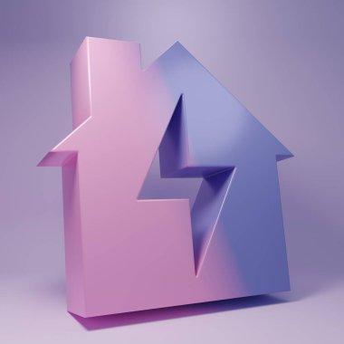 Mor Ev ve mor arka planda izole edilmiş şimşek ikonu. Ev enerjisi. Minimalizm kavramı. 3 Boyutlu resimleme.