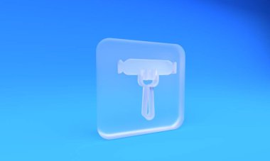 Çatal ikonunun üzerindeki buzlu cam sosis mavi arka planda izole edilmiş. Izgara sosis ve aroma işareti. Kare buzlu cam düğme. 3 Boyutlu resimleme.