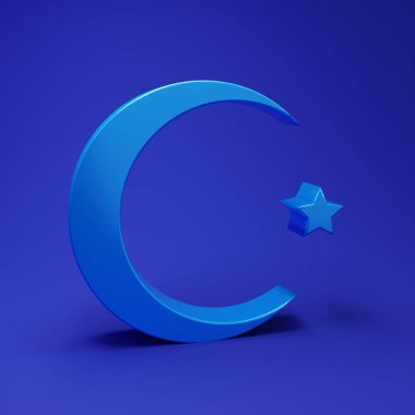 Mavi Yıldız ve Hilal - mavi arka planda izole edilmiş İslam ikonunun sembolü. Din sembolü. Minimalizm kavramı. 3 Boyutlu resimleme.
