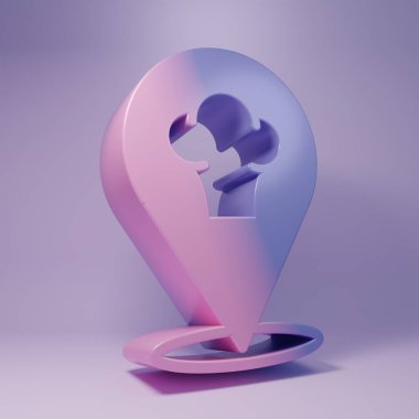 Purple Chef hat with location icon isolated on purple background. Cooking symbol. Cooks hat. Minimalism concept. 3D render illustration.