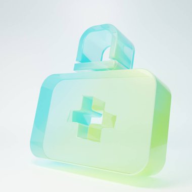 Frosted glass First aid kit icon isolated on white background. Medical box with cross. Medical equipment for emergency. Healthcare concept. Minimalism concept. 3D render illustration.