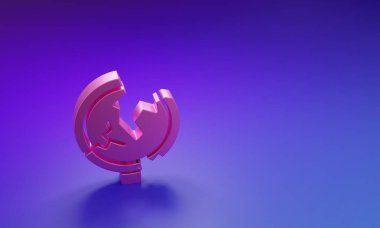 Pembe yol trafik levhası. Mor-mavi arkaplanda izole edilmiş işaret simgesi. İşaretçi sembolü. İzole sokak bilgi levhası. Yön tabelası. Minimalizm kavramı. 3 Boyutlu resimleme.