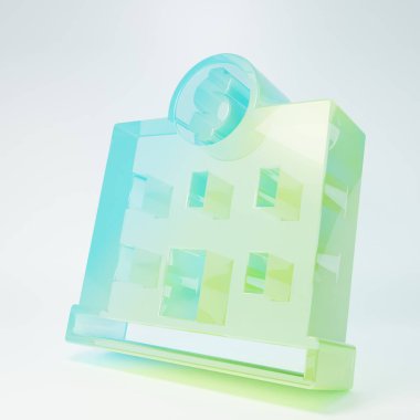Frosted glass Bank building icon isolated on white background. Minimalism concept. 3D render illustration.