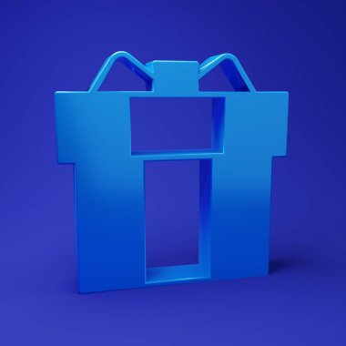 Mavi arkaplanda mavi hediye kutusu simgesi izole edildi. Minimalizm kavramı. 3 Boyutlu resimleme.