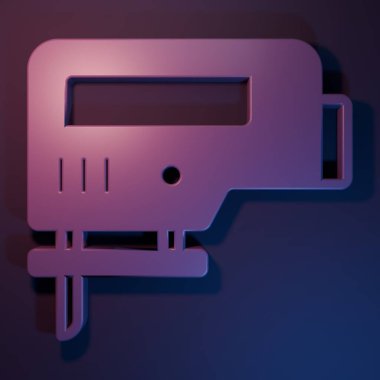 Mor-mavi arka planda çelik keskin bıçak ikonu olan mor elektrikli yapboz. Ahşap işçiliği için elektrikli alet. Minimalizm kavramı. 3 Boyutlu resimleme.