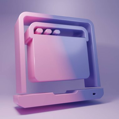 Purple Laptop with browser window icon isolated on purple background. Computer notebook with empty screen sign. Minimalism concept. 3D render illustration.