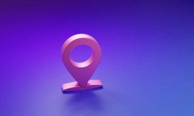 Pink Map pin icon isolated on purple-blue background. Navigation, pointer, location, map, gps, direction concept. Minimalism concept. 3D render illustration.