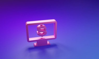 Pink Computer monitor with dollar icon isolated on purple-blue background. Internet financial security concept, online finance protection. Minimalism concept. 3D render illustration.