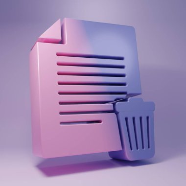 Purple Delete file document icon isolated on purple background. Paper sheet with recycle bin sign. Rejected document icon. Cross on paper. Minimalism concept. 3D render illustration.