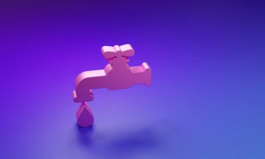 Pink Water tap with a falling water drop icon isolated on purple-blue background. Minimalism concept. 3D render illustration.