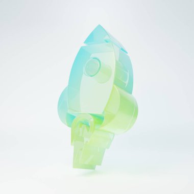 Frosted glass Rocket ship with fire icon isolated on white background. Space travel. Minimalism concept. 3D render illustration.