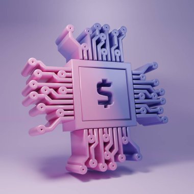 Mor arka planda dolar simgesi olan mor işlemci çipi. İşlemci, merkezi işlem birimi, mikroçip, mikro devre, bilgisayar işlemcisi. Minimalizm kavramı. 3 Boyutlu resimleme.