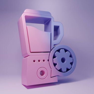 Mor arka planda izole edilmiş kase ve vites simgesi olan mor blender. Uygulama, servis konsepti, ayar seçenekleri, bakım, onarım, onarım. Minimalizm kavramı. 3 Boyutlu resimleme.