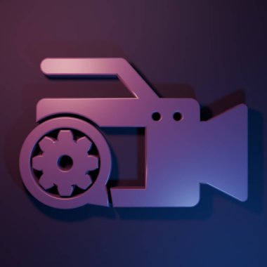 Purple Video camera and gear icon isolated on purple-blue background. Adjusting app, service concept, setting options, maintenance, repair, fixing. Minimalism concept. 3D render illustration.