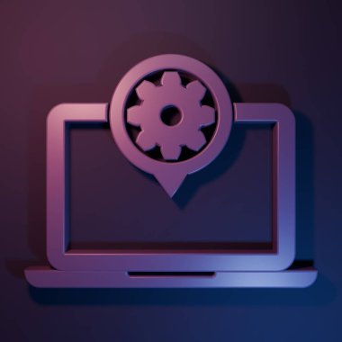 Purple Laptop and gear icon isolated on purple-blue background. Laptop service concept. Adjusting app, setting options, maintenance, repair, fixing. Minimalism concept. 3D render illustration.
