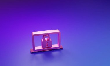 Pembe dizüstü bilgisayar ve kilit simgesi mor-mavi arkaplanda izole edildi. Bilgisayar ve asma kilit. Güvenlik, güvenlik, koruma kavramı. Güvenli bir ağ. Minimalizm kavramı. 3 Boyutlu resimleme.