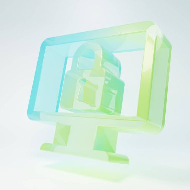 Frosted glass Lock on computer monitor screen icon isolated on white background. Monitor and padlock. Security, safety, protection concept. Safe internetwork. Minimalism concept. 3D render illustration.