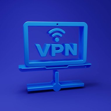 Mavi VPN Bilgisayar Ağı simgesi mavi arkaplanda izole edildi. Laptop ağı. İnternet bağlantısı. Minimalizm kavramı. 3 Boyutlu resimleme.
