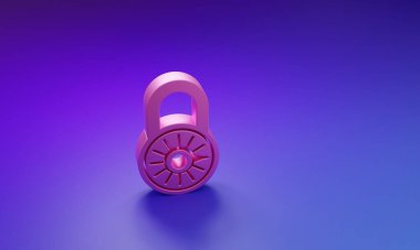 Pink Safe combination lock wheel icon isolated on purple-blue background. Combination padlock. Security, safety, protection, password, privacy. Minimalism concept. 3D render illustration.
