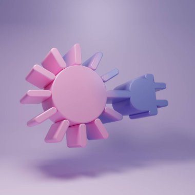 Mor arkaplanda izole edilmiş elektrik prizi ikonu olan mor güneş. Enerji tasarrufu kavramı. Minimalizm kavramı. 3 Boyutlu resimleme.