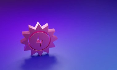 Pink Solar energy panel icon isolated on purple-blue background. Sun with lightning symbol. Minimalism concept. 3D render illustration.