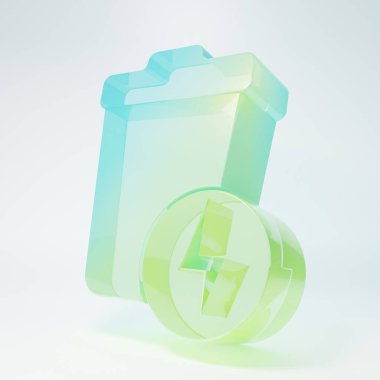 Frosted glass Lightning with trash can icon isolated on white background. Waste to energy. Garbage bin sign. Recycle basket sign. Minimalism concept. 3D render illustration.