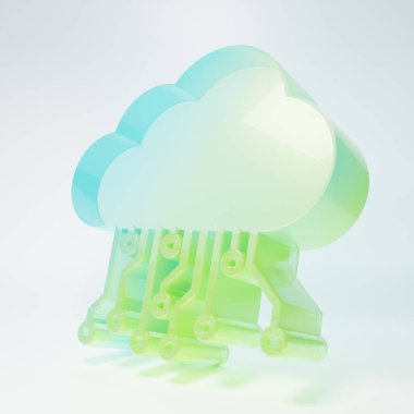 Beyaz arkaplanda izole edilmiş nesnelerin buzlu cam interneti. Bulut hesaplama tasarım konsepti. Dijital ağ bağlantısı. Minimalizm kavramı. 3 Boyutlu resimleme.