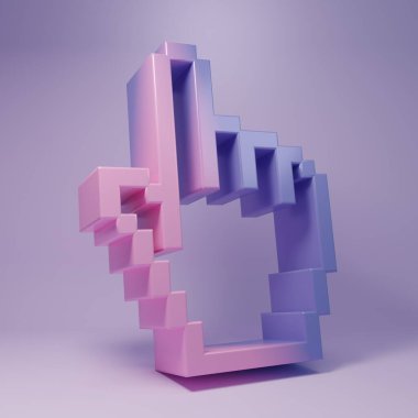 Purple Pixel hand cursor icon isolated on purple background. Pointer hand cursor. Minimalism concept. 3D render illustration.
