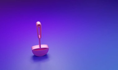 Pembe Mutfak kepçesi simgesi mor-mavi arkaplanda izole edilmiş. Mutfak aletleri. Çatal kaşık tabelası. Minimalizm kavramı. 3 Boyutlu resimleme.