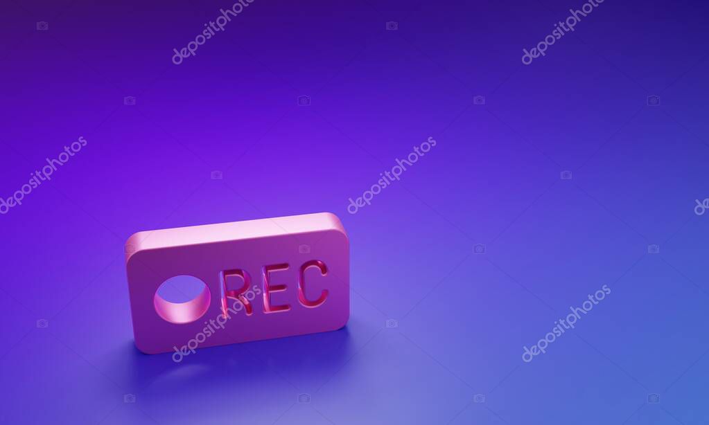 Pink Record button icon isolated on purple-blue background. Rec button. Minimalism concept. 3D render illustration.