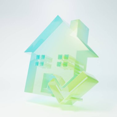 Beyaz arkaplanda işaret simgesi olan buzlu cam ev. Emlakçı ya da köy elit sınıfı. Minimalizm kavramı. 3 Boyutlu resimleme.