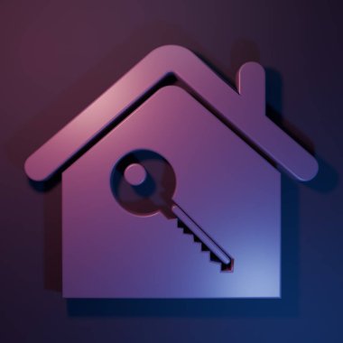 Mor-mavi arka planda kilit simgesi olan Mor Ev. Ev anahtarının konsepti. Minimalizm kavramı. 3 Boyutlu resimleme.