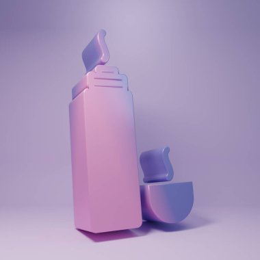 Mor termos konteynır ikonu mor arka planda izole edilmiş. Termo matara ikonu. Kamp ve yürüyüş ekipmanları. Minimalizm kavramı. 3 Boyutlu resimleme.