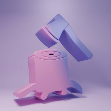 Mor arka planda izole edilmiş kütük simgesi içindeki mor tahta balta. Oduncu baltası. Balta tahtaya saplanmış. Minimalizm kavramı. 3 Boyutlu resimleme.