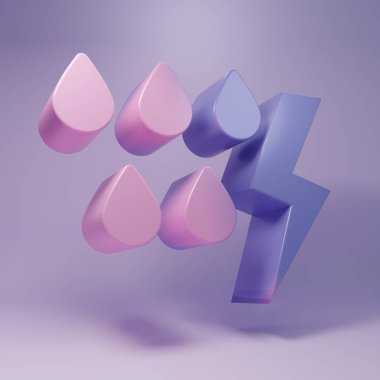 Purple Storm icon isolated on purple background. Drop and lightning sign. Weather icon of storm. Minimalism concept. 3D render illustration.