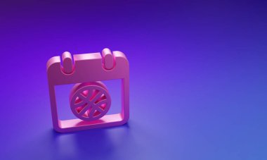 Mor-mavi arka planda izole edilmiş spor takvimi ikonu üzerine pembe basketbol. Minimalizm kavramı. 3 Boyutlu resimleme.