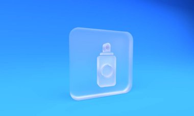 Frosted glass Spray can for air freshener, hairspray, deodorant, antiperspirant icon isolated on blue background. Square frosted glass button. 3D render illustration.