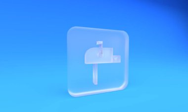 Frosted glass Open mail box icon isolated on blue background. Mailbox icon. Mail postbox on pole with flag. Square frosted glass button. 3D render illustration.