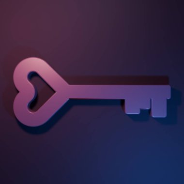 Mor-mavi arka planda izole edilmiş kalp şeklindeki mor anahtar. Sevgililer Günü sembolü. Minimalizm kavramı. 3 Boyutlu resimleme.