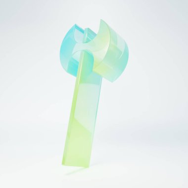 Beyaz arka planda izole edilmiş buzlu cam Ortaçağ balta ikonu. Savaş baltası, cellat baltası. Ortaçağ silahı. Minimalizm kavramı. 3 Boyutlu resimleme.