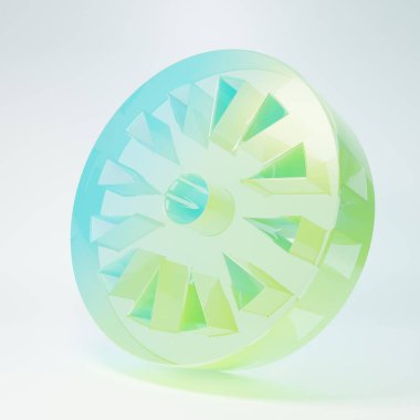 Buzlu cam, beyaz arka planda izole edilmiş eski ahşap tekerlek simgesi. Minimalizm kavramı. 3 Boyutlu resimleme.