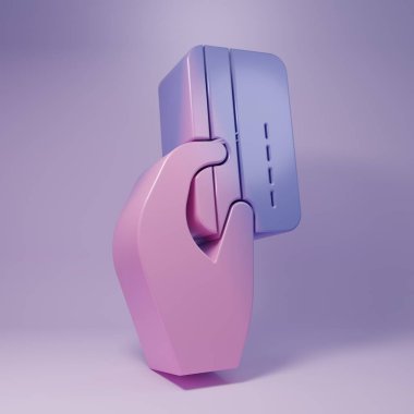 Mor arka planda izole edilmiş kredi kartı ikonu olan mor insan eli. Çevrimiçi ödeme. Kartla öde. Finansal operasyonlar. Minimalizm kavramı. 3 Boyutlu resimleme.