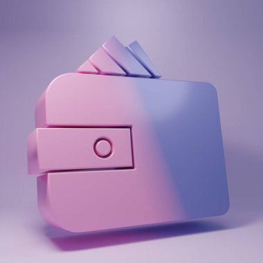 Purple Wallet with stacks paper money cash icon isolated on purple background. Purse icon. Cash savings symbol. Minimalism concept. 3D render illustration.
