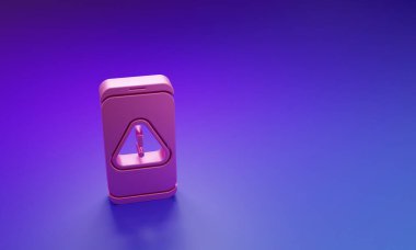 Mor-mavi arka planda izole edilmiş ünlem işareti simgesi olan pembe cep telefonu. Uyarı mesajı akıllı telefon uyarısı. Minimalizm kavramı. 3 Boyutlu resimleme.