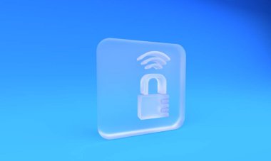 Frosted glass Smart safe combination lock icon isolated on blue background. Combination padlock. Security, safety, protection, password, privacy. Square frosted glass button. 3D render illustration.