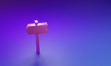 Pembe yol trafik levhası. Mor-mavi arkaplanda izole edilmiş işaret simgesi. İşaretçi sembolü. İzole sokak bilgi levhası. Yön tabelası. Minimalizm kavramı. 3 Boyutlu resimleme.