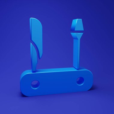 Mavi İsviçre çakısı ikonu mavi arka planda izole edilmiş. Çoklu alet, çok amaçlı çakı. Çok fonksiyonlu bir alet. Minimalizm kavramı. 3 Boyutlu resimleme.
