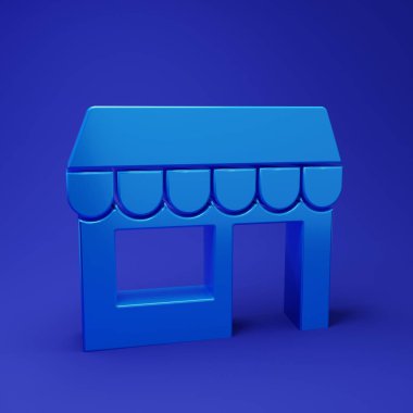 Mavi Alış veriş binası ya da market simgesi mavi arka planda izole edilmiş. Dükkan inşaatı. Minimalizm kavramı. 3 Boyutlu resimleme.