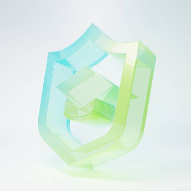 Beyaz arka planda izole edilmiş kalkan ikonu olan buzlu cam mezuniyet şapkası. Sigorta konsepti. Güvenlik, güvenlik, koruma, konsept koruma. Minimalizm kavramı. 3 Boyutlu resimleme.